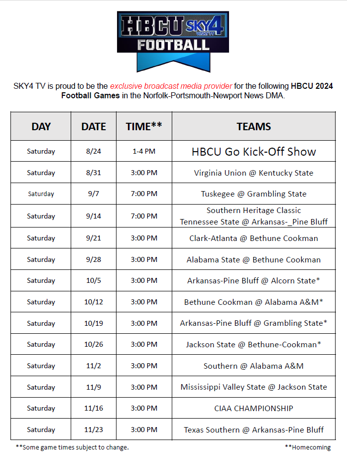 HBCU FOOTBALL sCHEDULE ON sky4 tv 2024